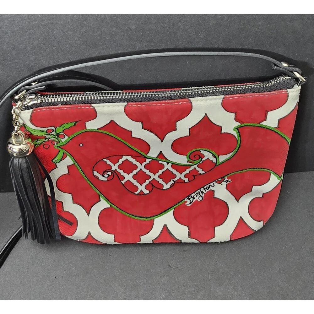 Brighton “Love Dove” Crossbody Pouch Merry & Bright Art Red Black Zip‎ Tassel - Picture 2 of 13